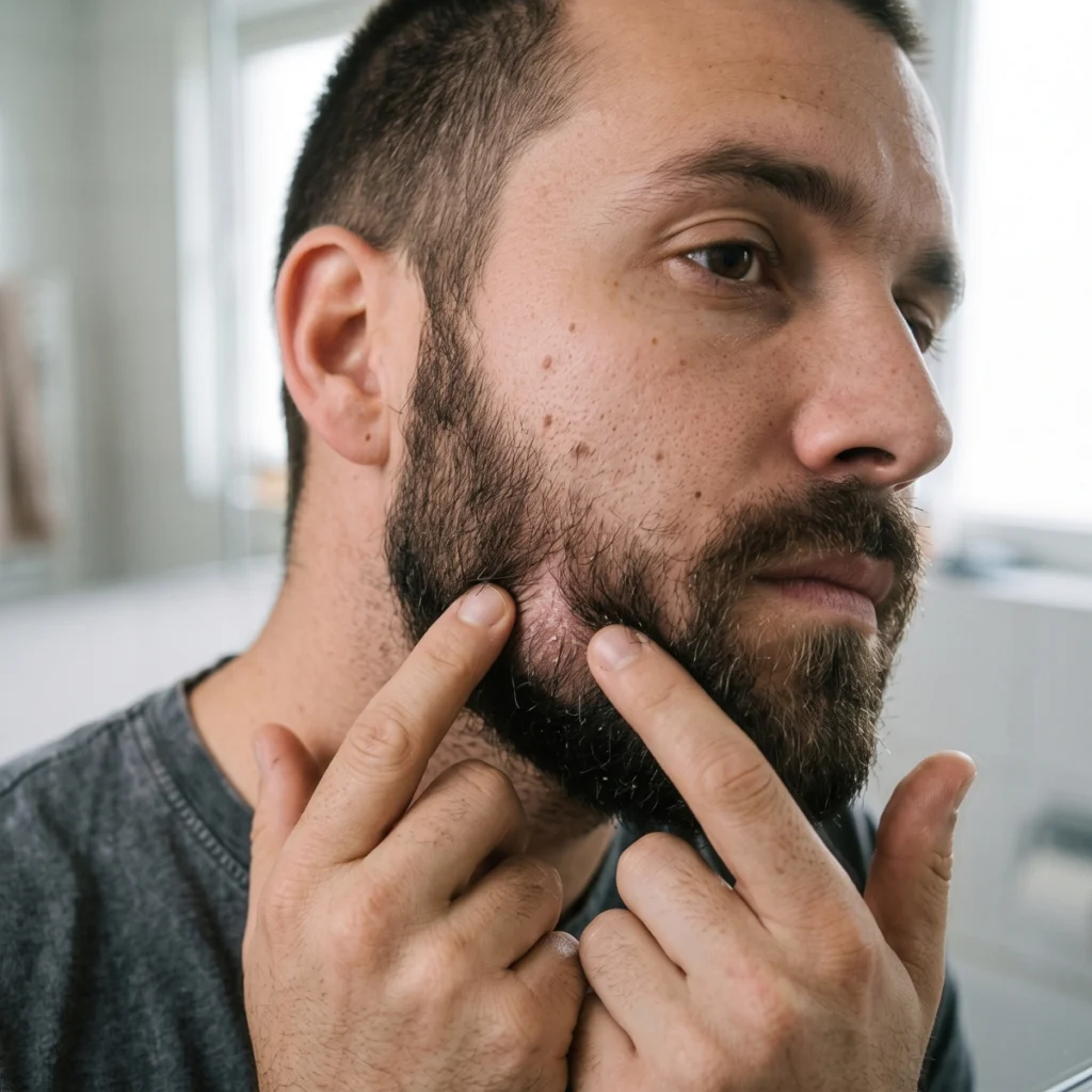 Man parting his beard to check for flakes on the skin underneath