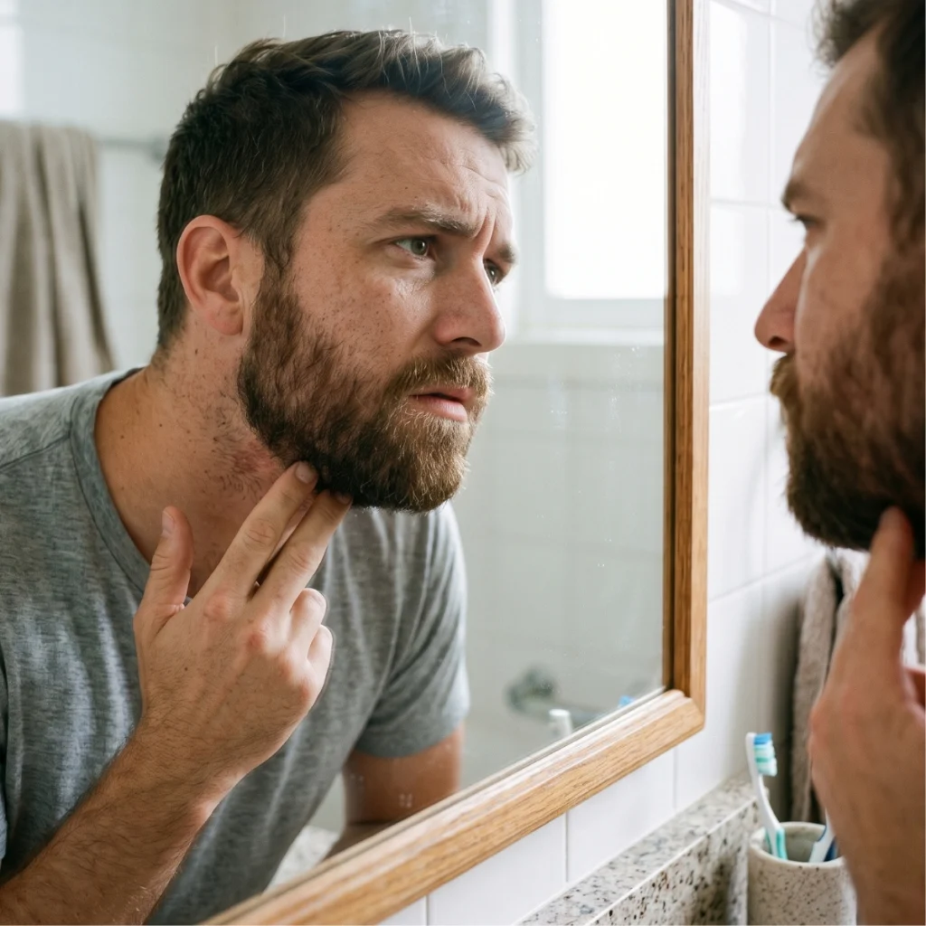 Man checking irritated skin under his beard in the mirror