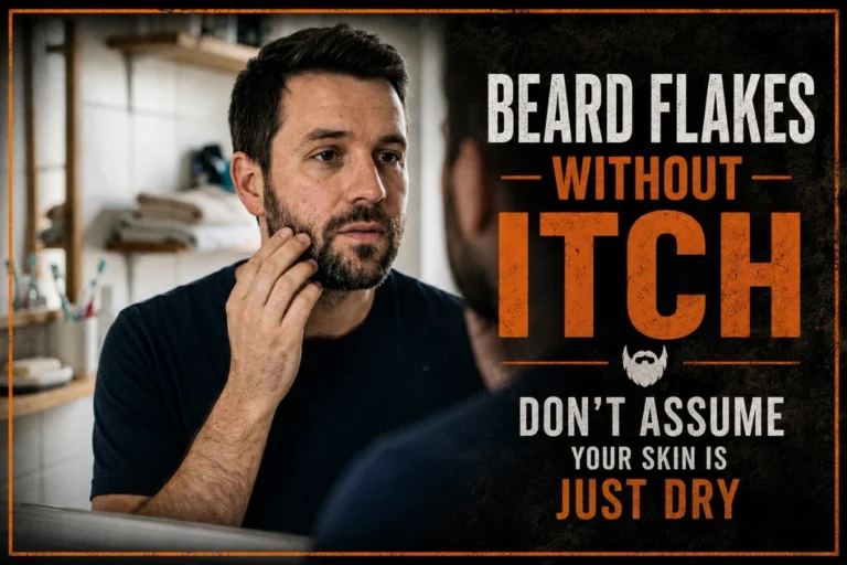 Man checking beard flakes without itch in a bathroom mirror
