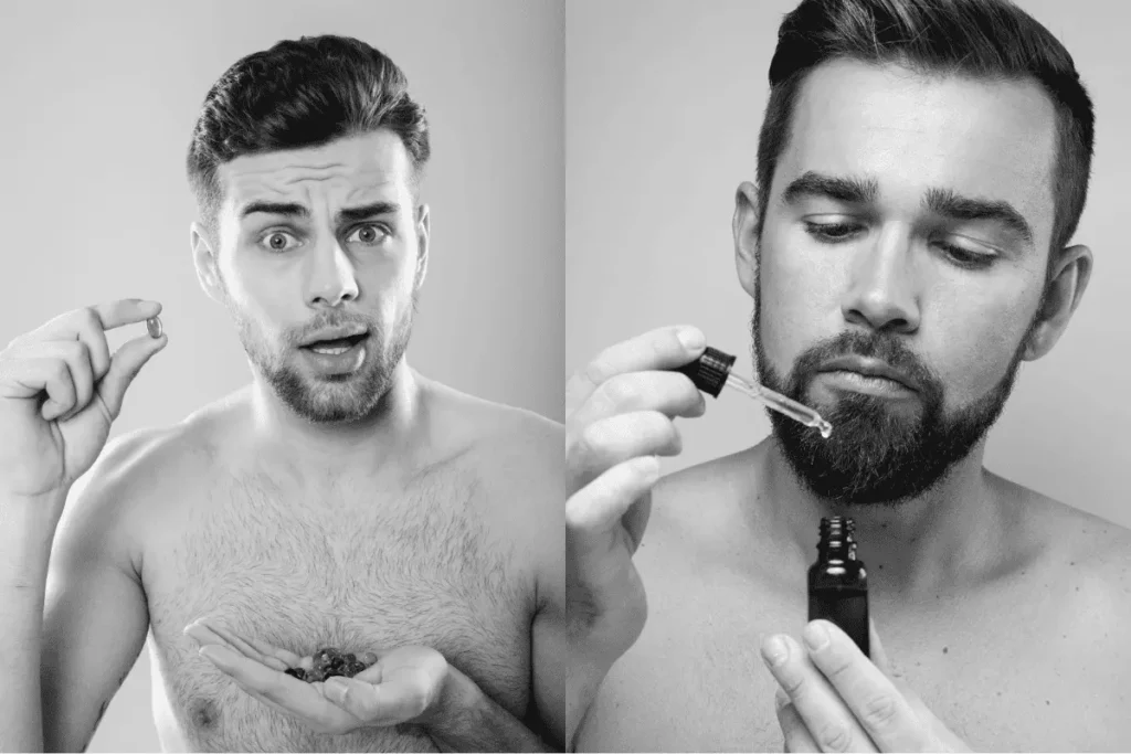 A split-screen comparison showing a man holding a vitamin capsule versus applying beard oil, illustrating the difference between internal supplements and topical grooming.