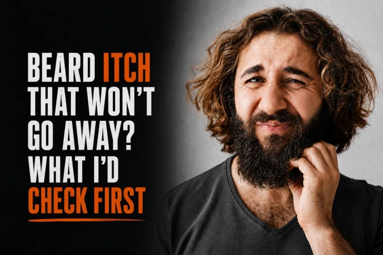 Man scratching his beard with the text Beard Itch That Won’t Go Away? What I’d Check First.
