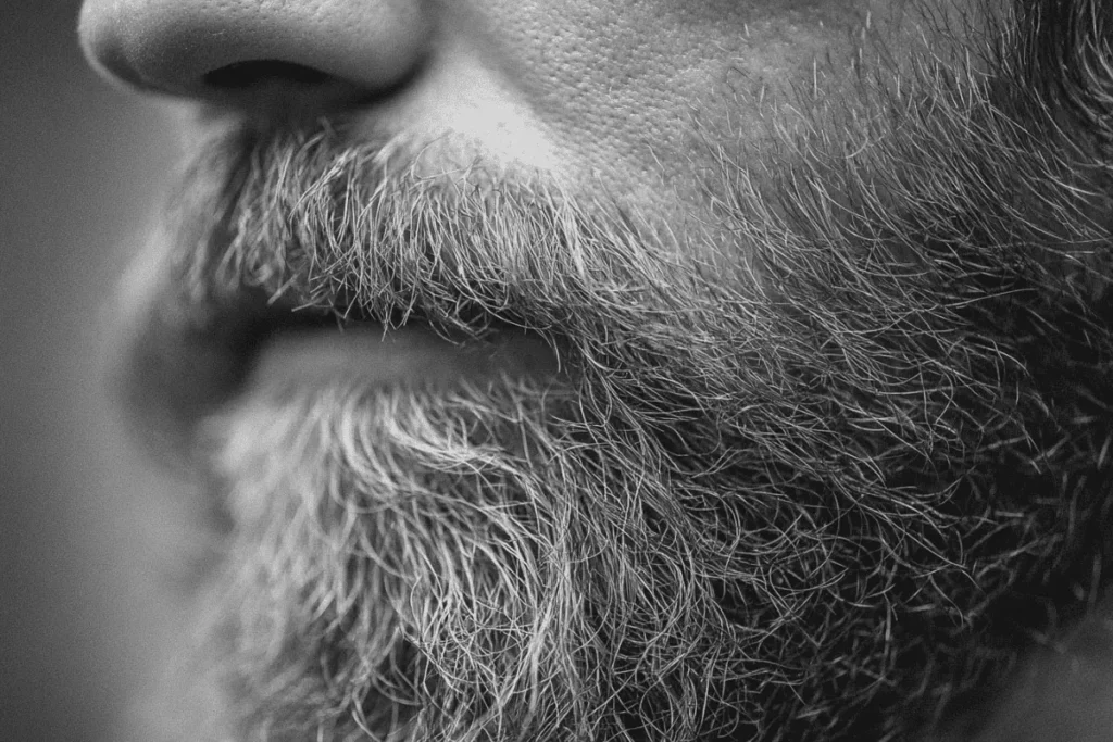 A black and white close-up photograph detailing the texture of a man's facial hair, illustrating grooming topics in a guide about fixing a greasy beard.