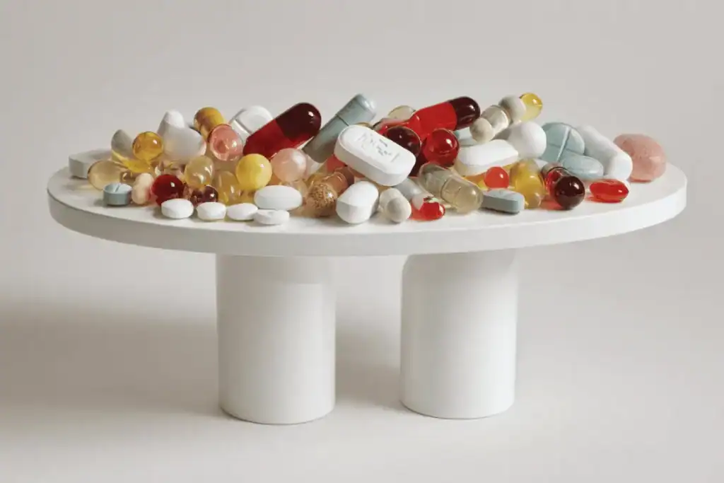 Assorted beard growth vitamins and supplements displayed together, including capsules and tablets commonly marketed for beard growth support