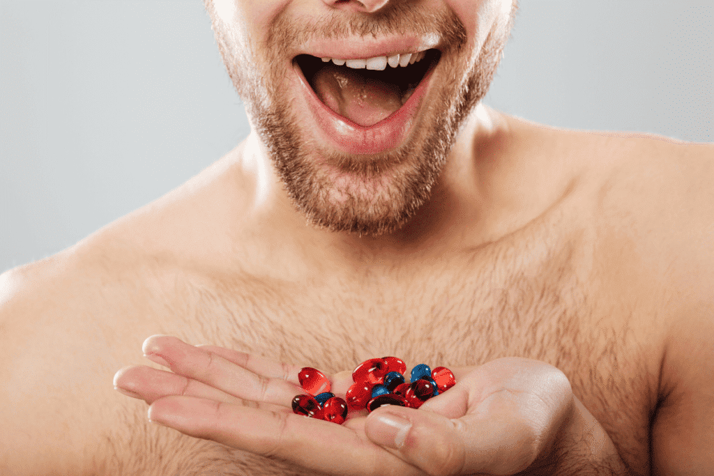 Man holding multiple supplement capsules while questioning whether beard growth vitamins actually work