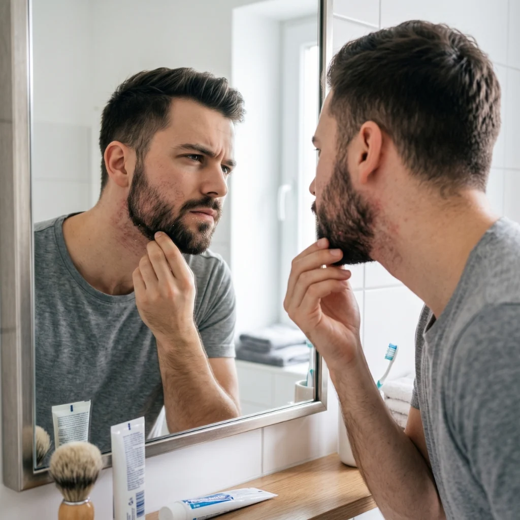 Man checking redness and irritated skin underneath his beard in the mirror.