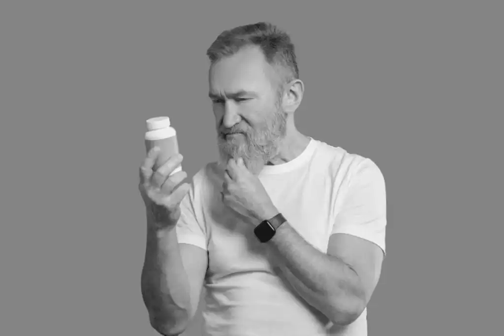 Older man with a full beard reading the ingredient list on a beard growth vitamins supplement.
