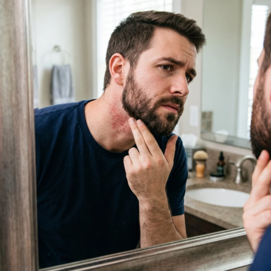 Man checking persistent redness and irritation under his beard.