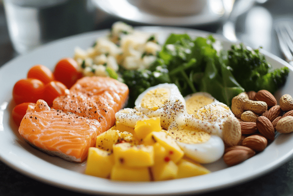 Plate of whole foods including salmon, eggs, greens, nuts, and vegetables that support overall health instead of beard growth supplements