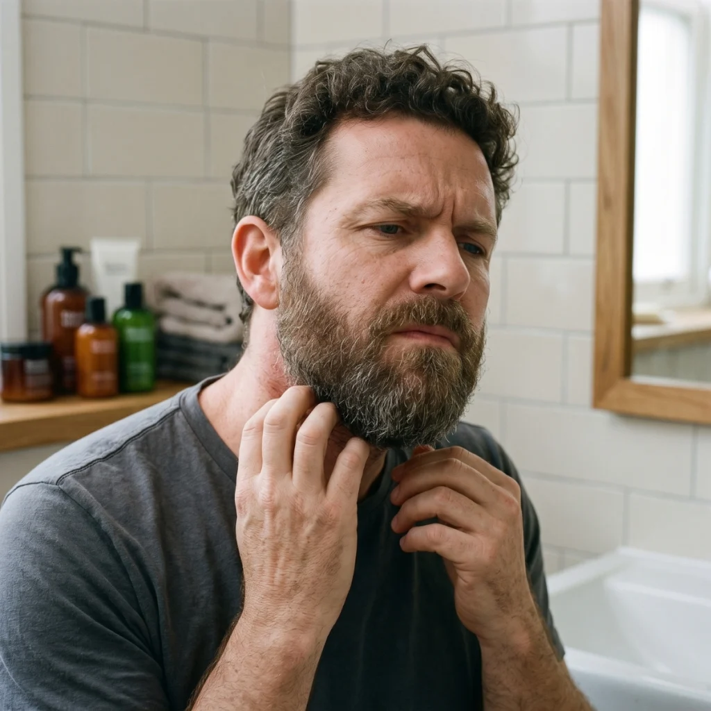 Bearded man scratching irritated skin under his beard.