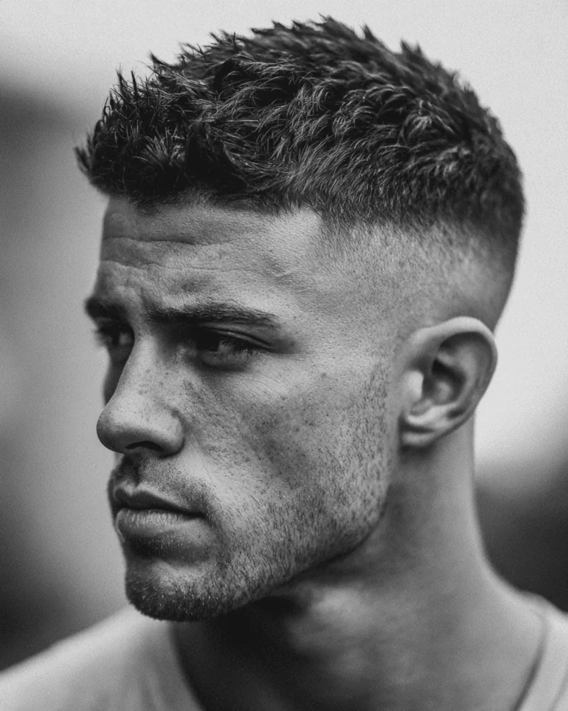 Thick spiky hair with high fade haircut