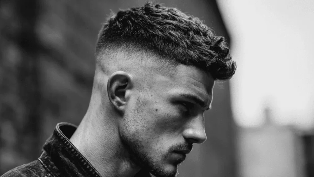 High fade textured crop haircut for men with short textured top and clean fade