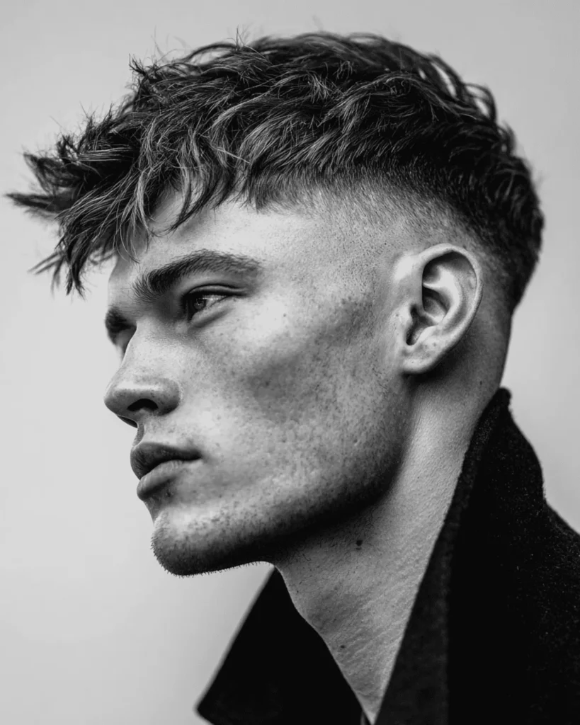 Textured crop haircut with skin fade and choppy layered fringe for men