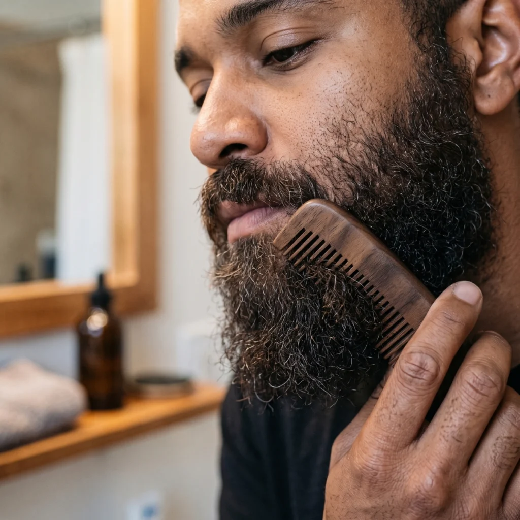 Man combing through a dense beard where repeated friction can contribute to hair breakage