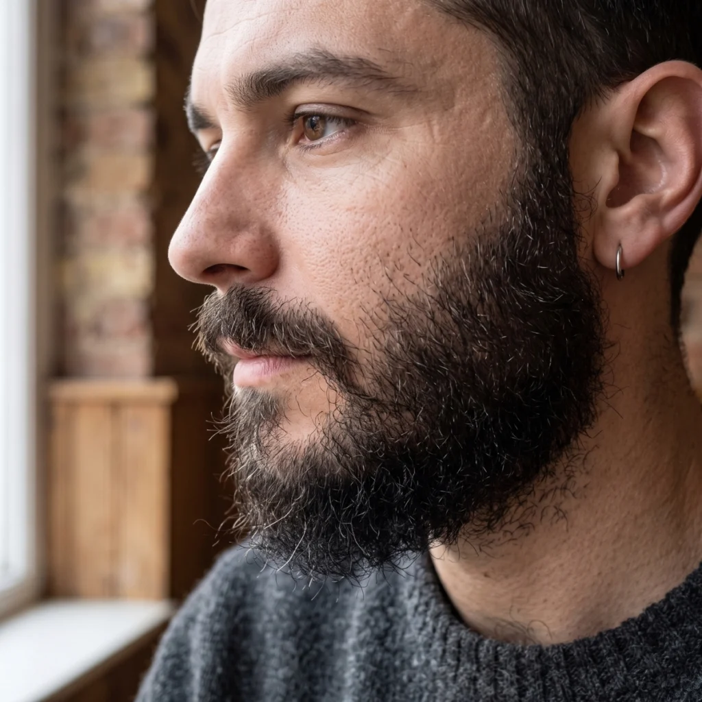 Close-up of a beard showing uneven density and length retention while growing out