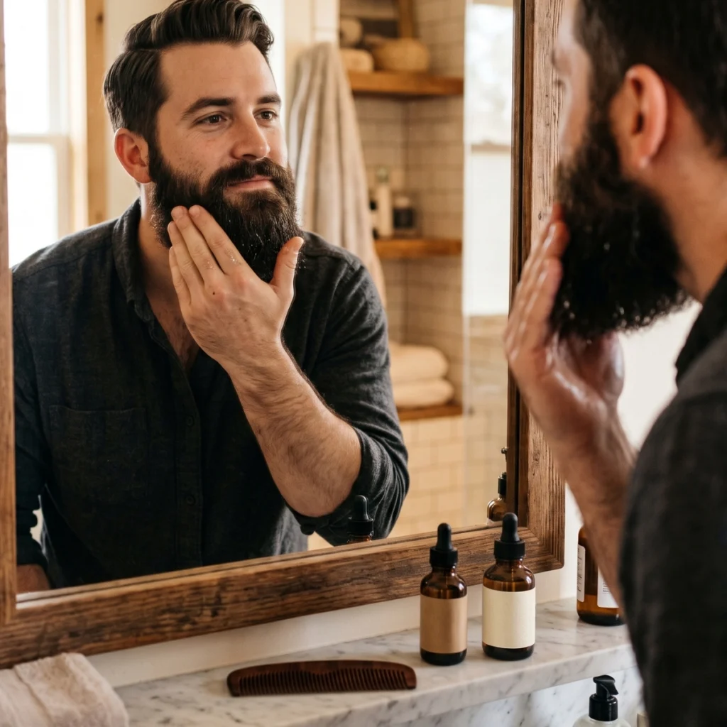 Man applying beard oil to condition his beard and make grooming easier