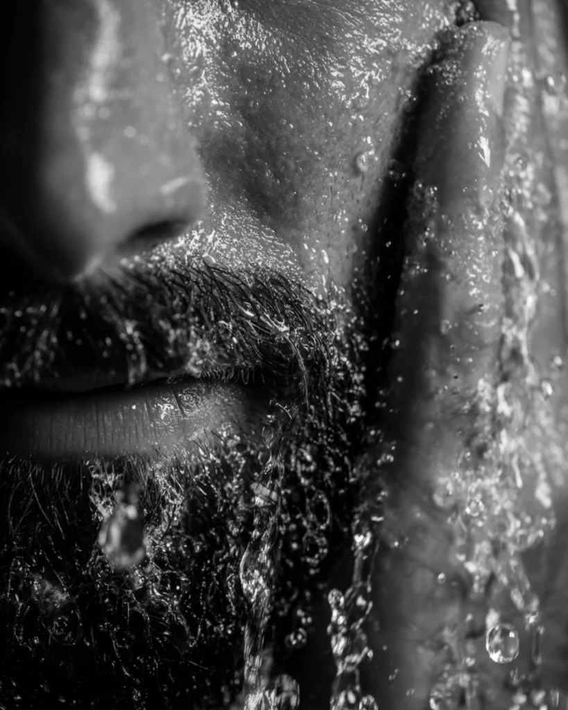 Close-up of a man rinsing beard wash from his beard, showing how the best beard washes for men should clean without leaving the beard rough or dry.