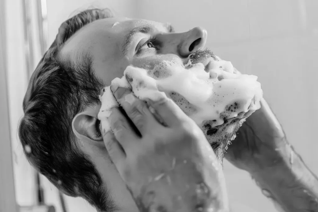 Man washing his beard with foam in the shower, showing how the best beard washes for men should clean the beard without leaving the skin underneath tight or dry.