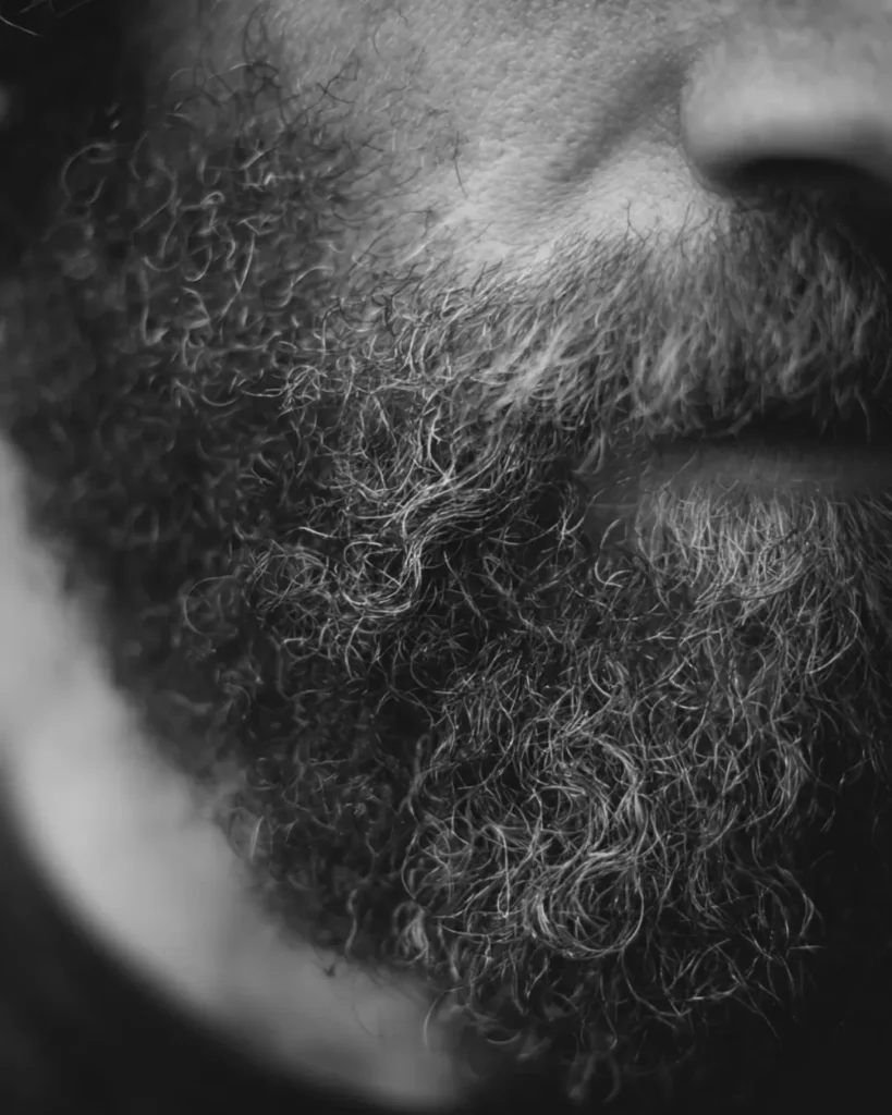 Close-up of a dry curly beard with rough ends, showing how beard breakage can make thicker beard hair look frizzy and uneven.