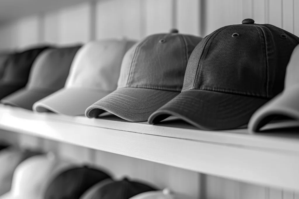 Row of plain baseball caps on a shelf, showing why custom hats are one of the safest first barbershop merchandise ideas.