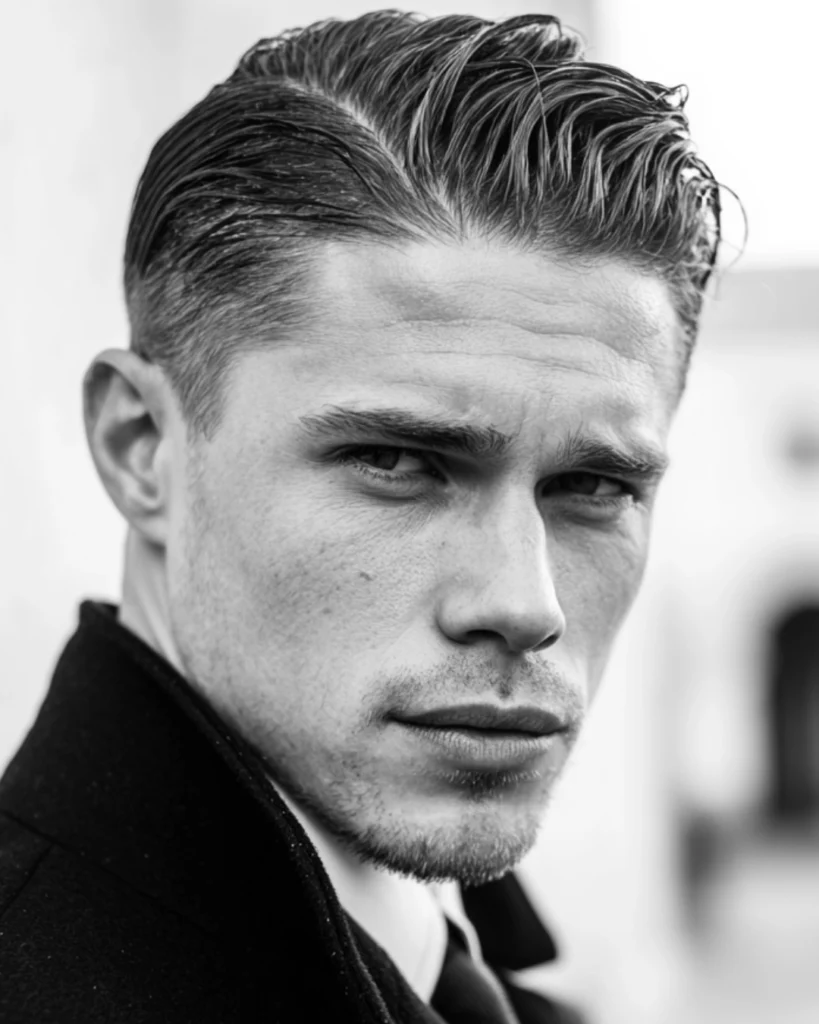 Man with a controlled side part hairstyle, showing how face shape, hairline and forehead exposure can affect whether a side part or middle part works better.