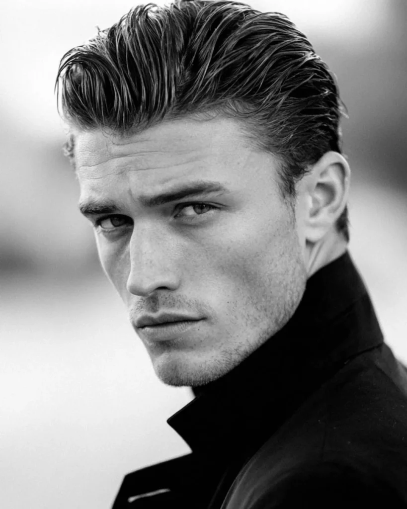 Man with a slick back hairstyle, showing how hair gel can give stronger hold, visible shine and a more fixed finish.