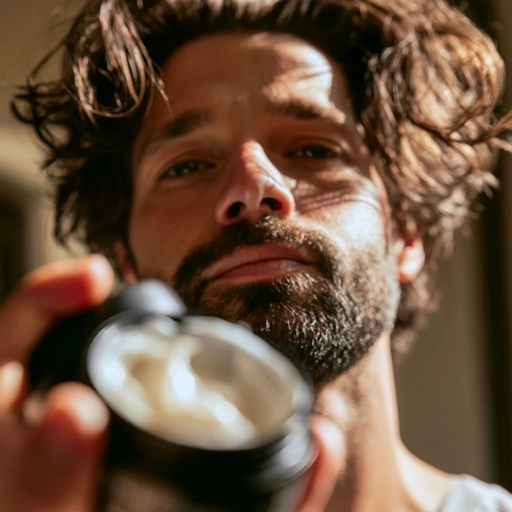 Man holding an open jar of hair paste with loose medium-length hair