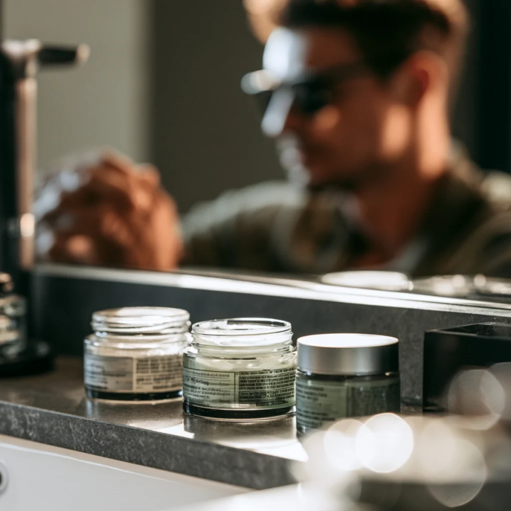 Hair styling products on a bathroom counter with two men blurred in the mirror