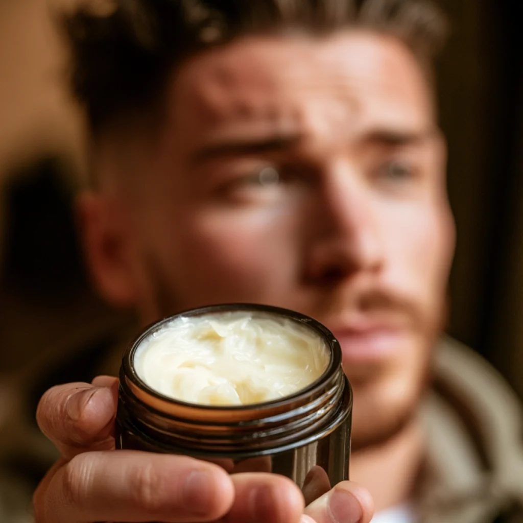 Open jar of hair wax held in front of a man with a textured hairstyle