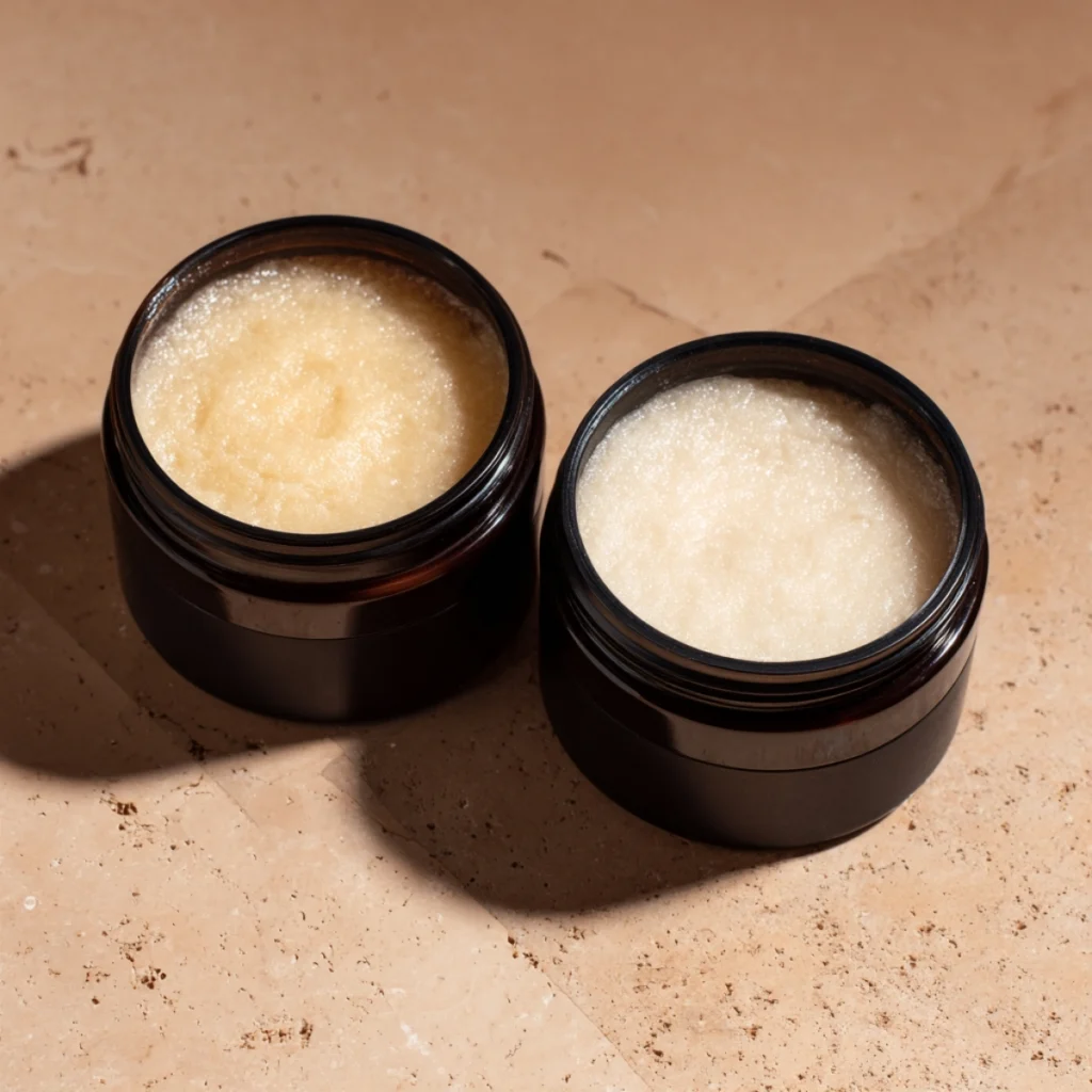 Hair wax and hair paste in open jars showing similar creamy textures