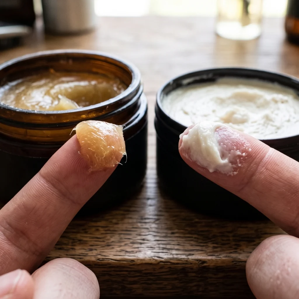 Hair wax and hair paste compared on fingertips to show differences in texture and consistency