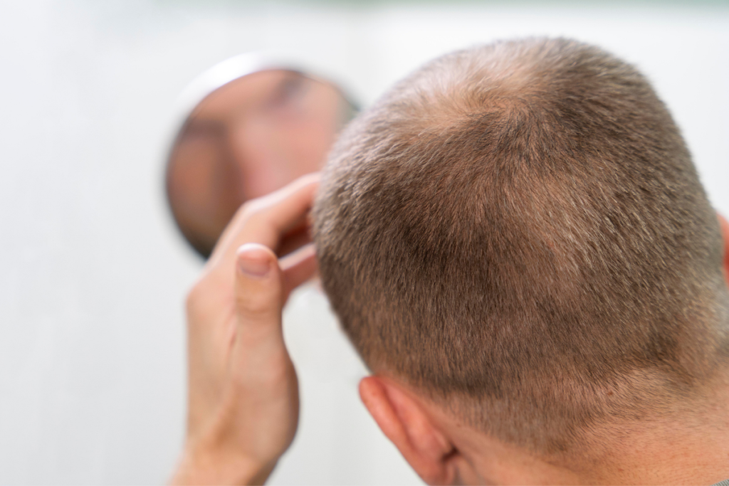 Man checking thinning hair on the crown of his head with a handheld mirror.
