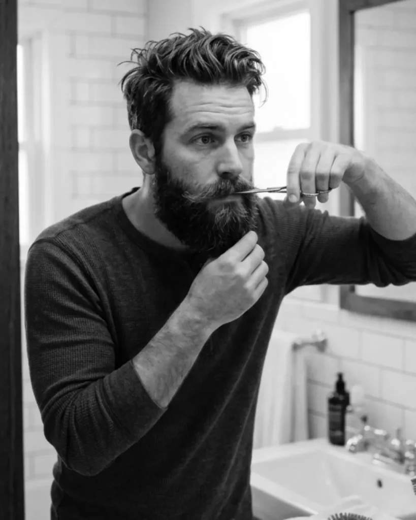 man trimming his lip line because a suit can make it more pronounced. 