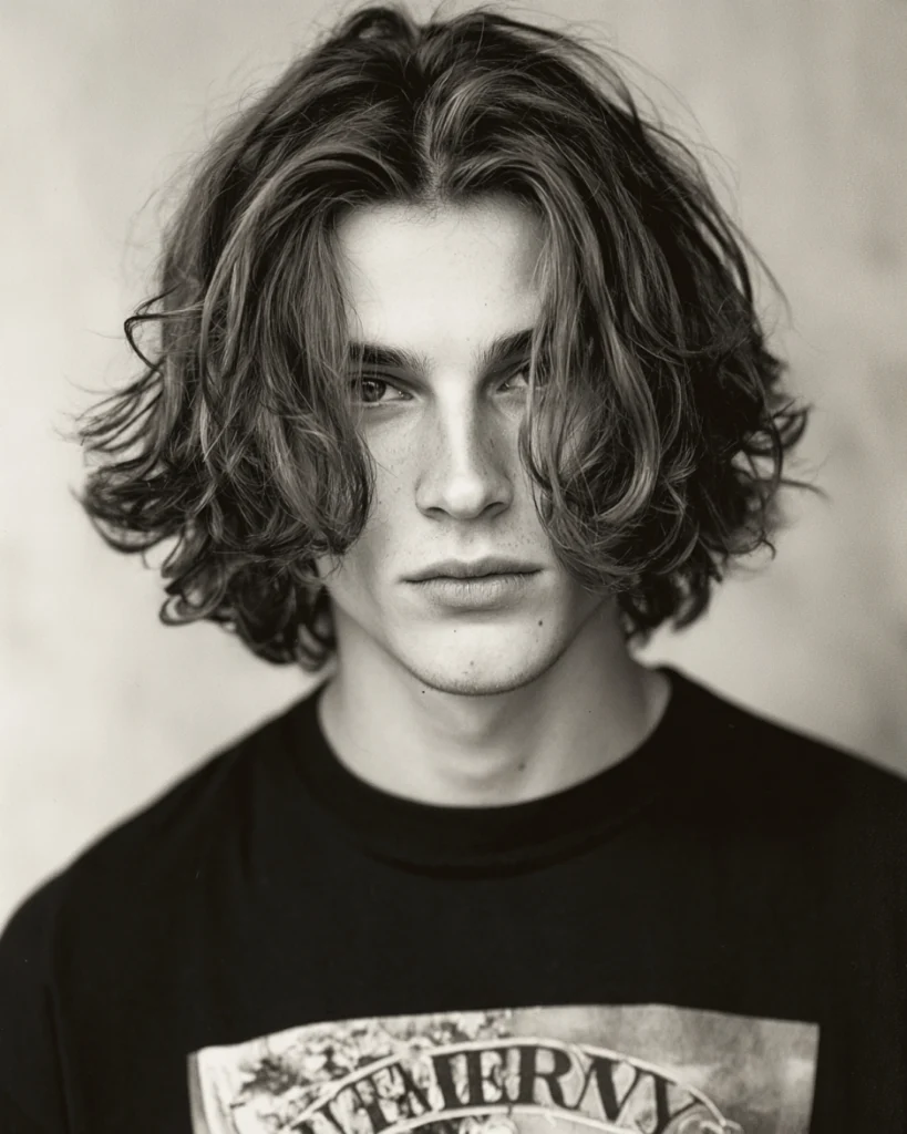 Man with a medium-length middle part hairstyle, showing how a middle part needs enough length, movement and density to fall properly.