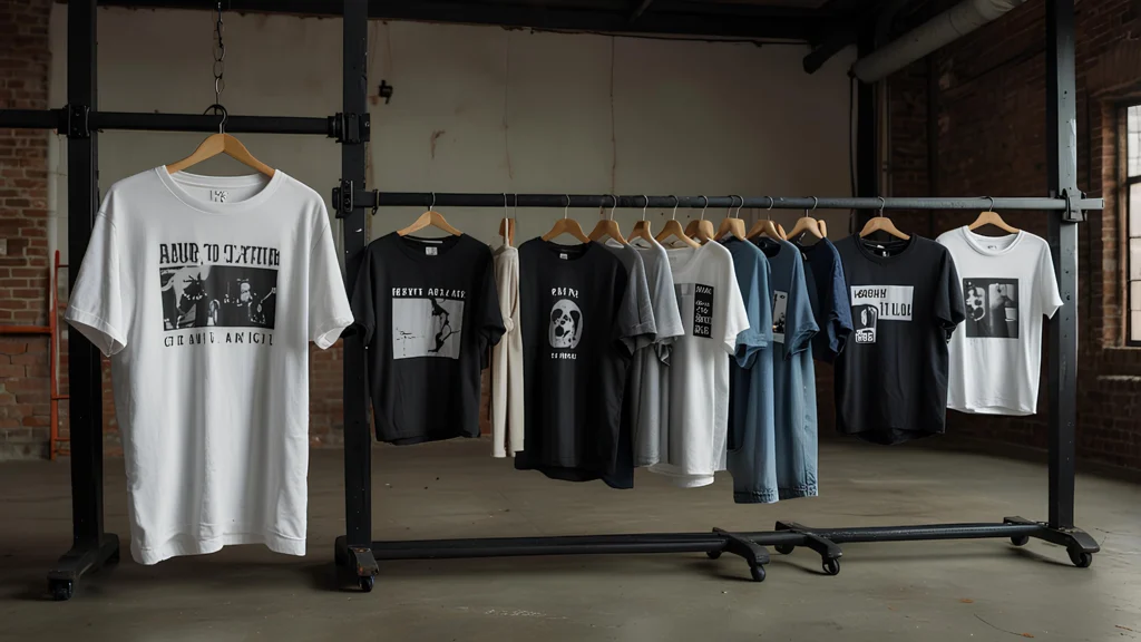 Graphic T-shirts hanging on a clothing rack, showing why barbershop merchandise needs more than just a shop logo to make customers want to buy it.