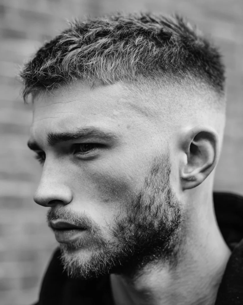 Man with uneven patchy beard growth on the cheeks, showing how normal facial hair can grow lighter in some areas without sudden beard hair loss.