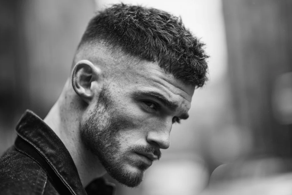 Man with a fade haircut and patchy beard growth on the cheek, showing how uneven facial hair can look different from beard hair loss.