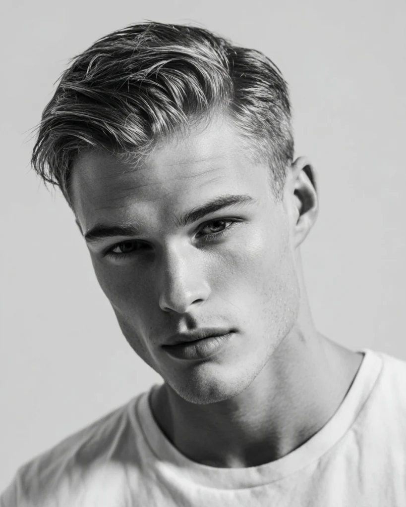 Man with a short side part hairstyle, showing how a side part gives men’s hair more direction and control.