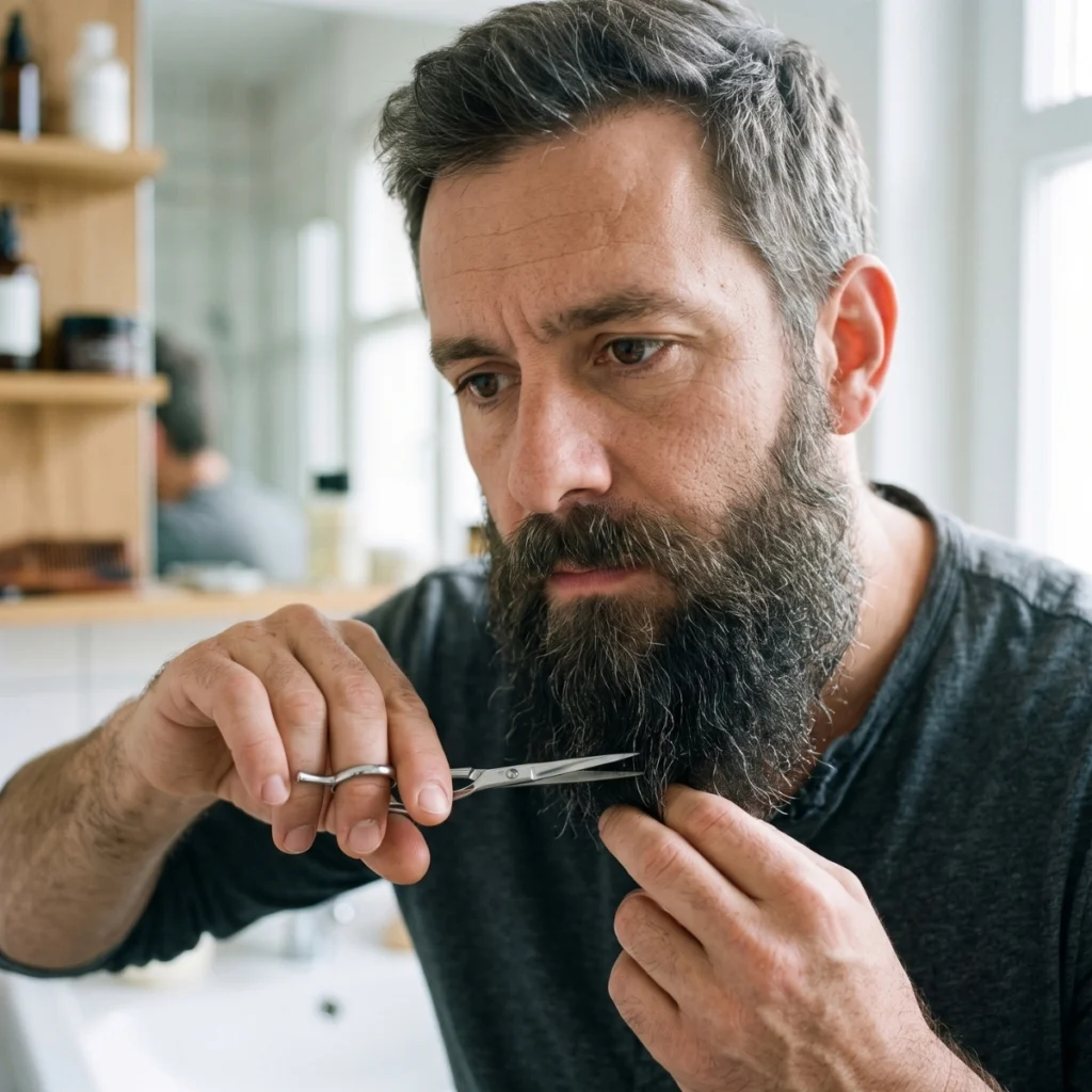 Man trimming damaged ends from a longer beard with scissors