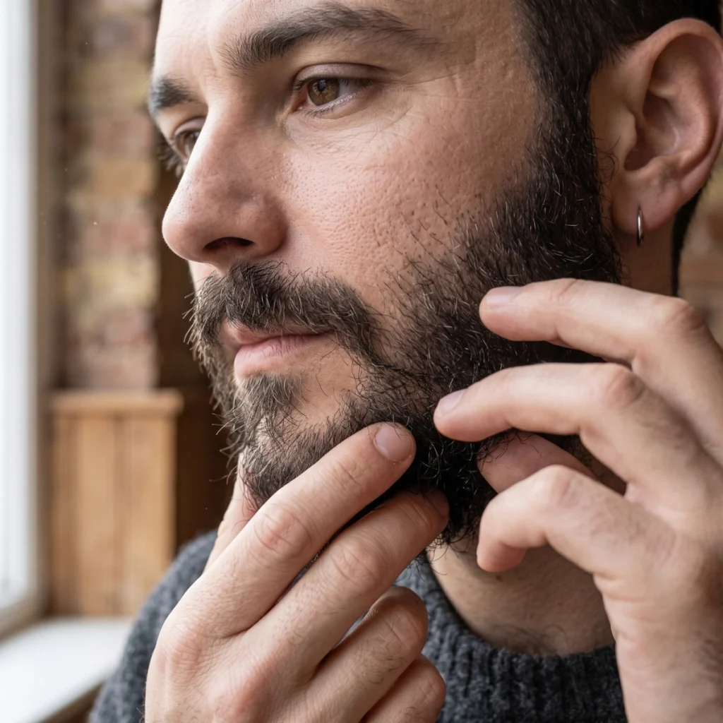 Man inspecting a specific area of his beard for signs of breakage