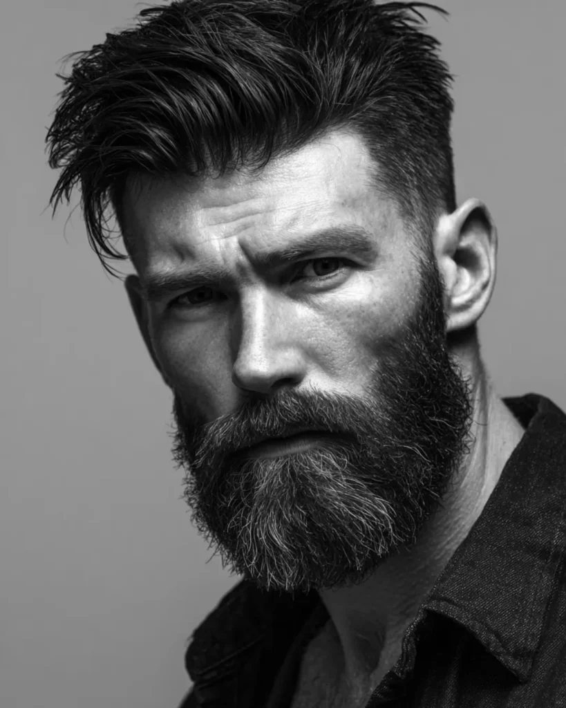 Man with a full beard and white hairs through the chin and jaw, showing how white beard hairs can add contrast to a darker beard.