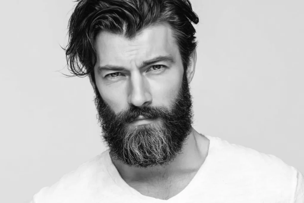 Man with dark beard and white hairs through the chin, showing how grey beard hairs can change the look of a fuller beard.