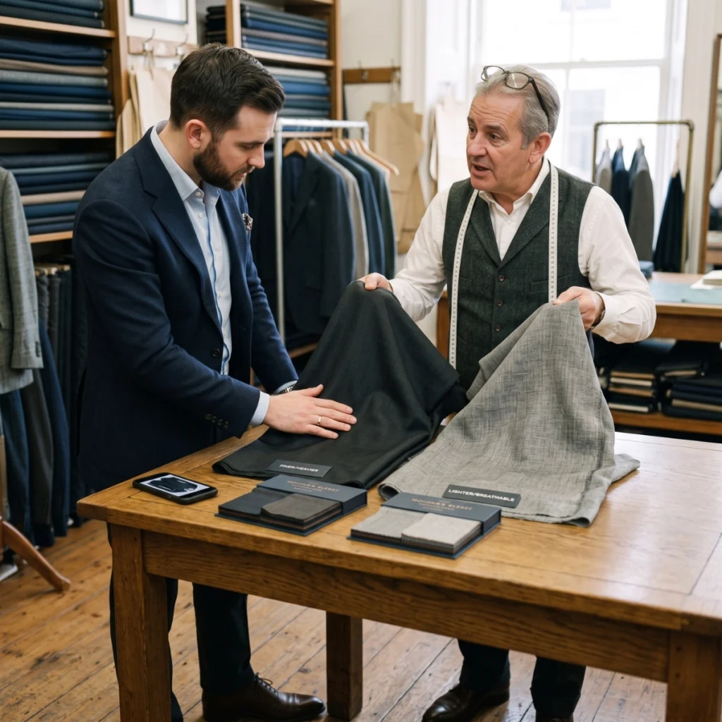 Customer comparing suit fabrics with a tailor during a custom suit consultation
