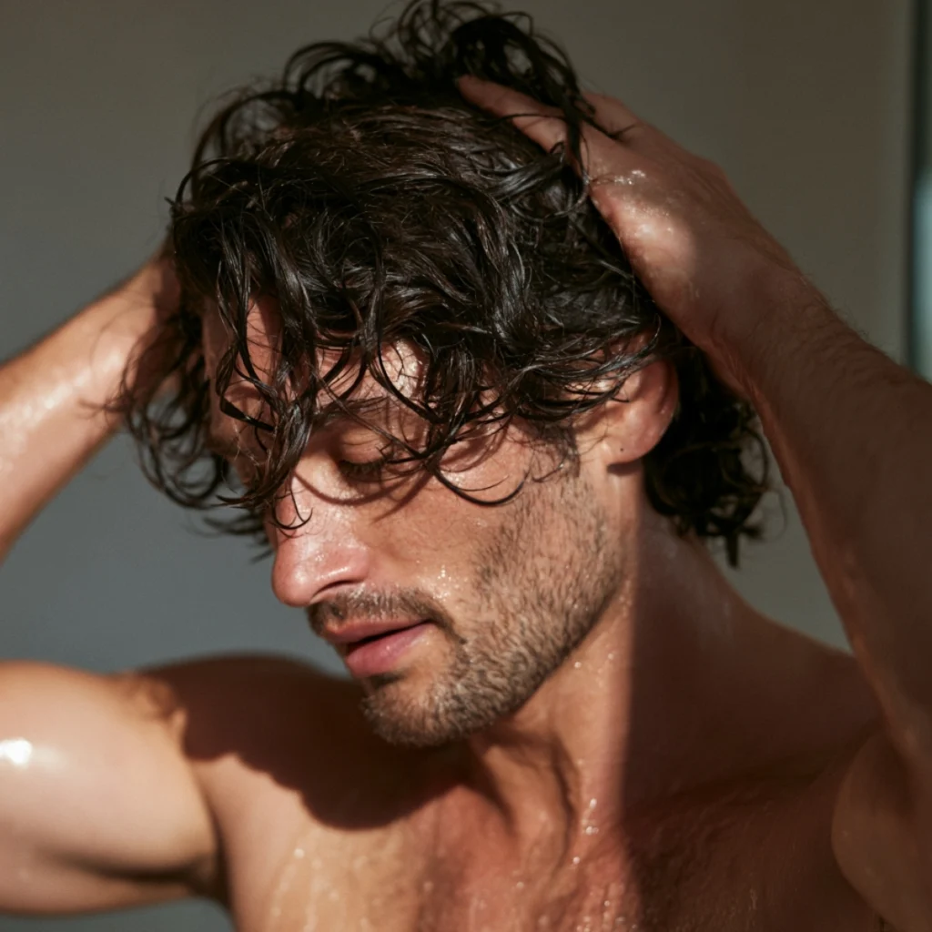Man working conditioner through wet curly hair as part of a curly hair routine for men.