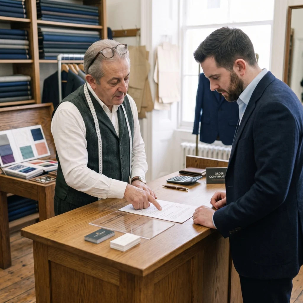 Customer reviewing the cost and order details with a tailor before buying a custom suit
