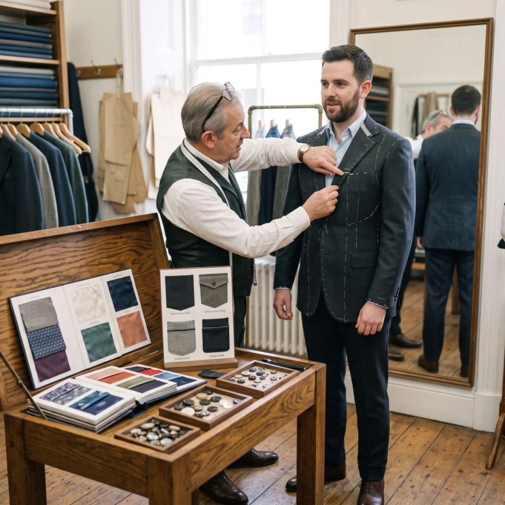 Tailor adjusting a suit lapel while custom buttons, linings and pocket options are displayed nearby