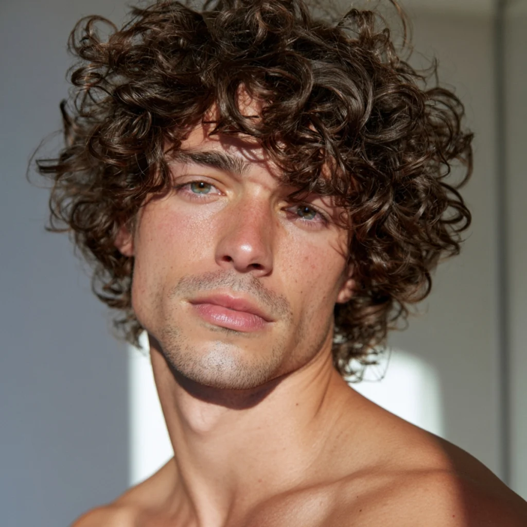 Man with defined medium-length curly hair and natural movement
