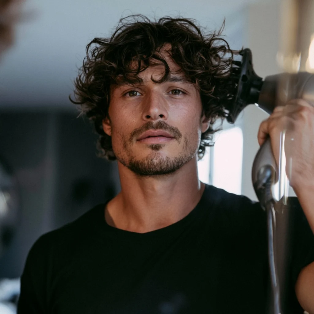 Man using a diffuser to dry curly hair as part of a curly hair routine for men.