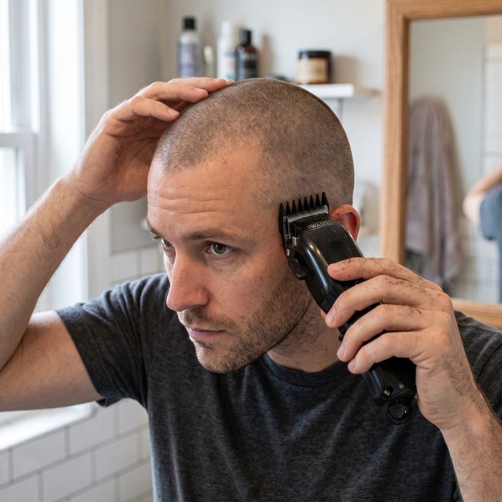 Man cutting a number 1 buzz cut evenly at home with clippers and a #1 guard.
