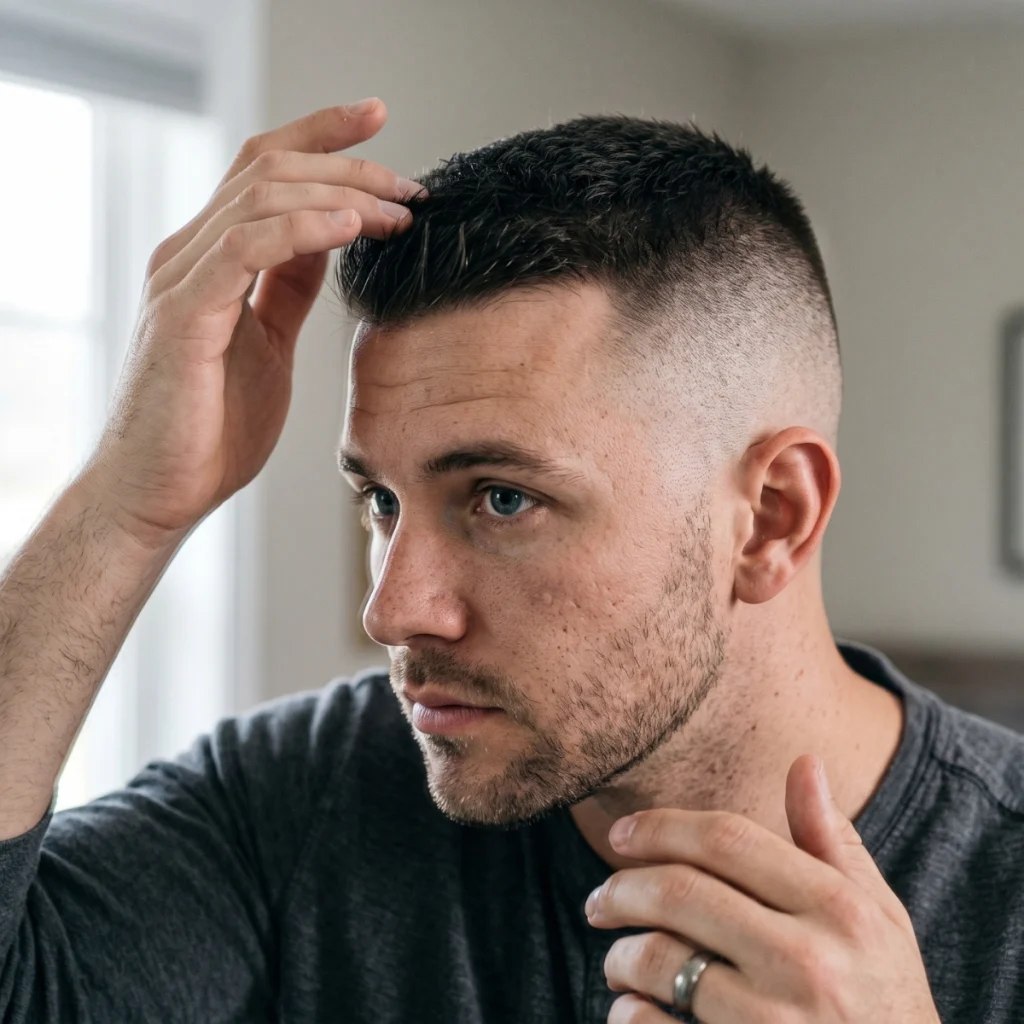 Man using his fingers to style a short high and tight haircut