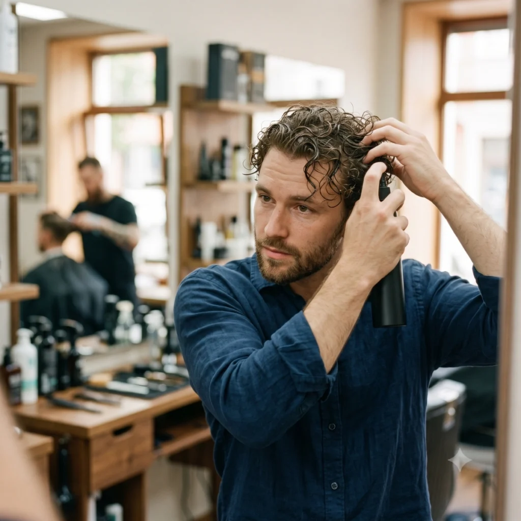 Man applying sea salt spray to damp curly hair